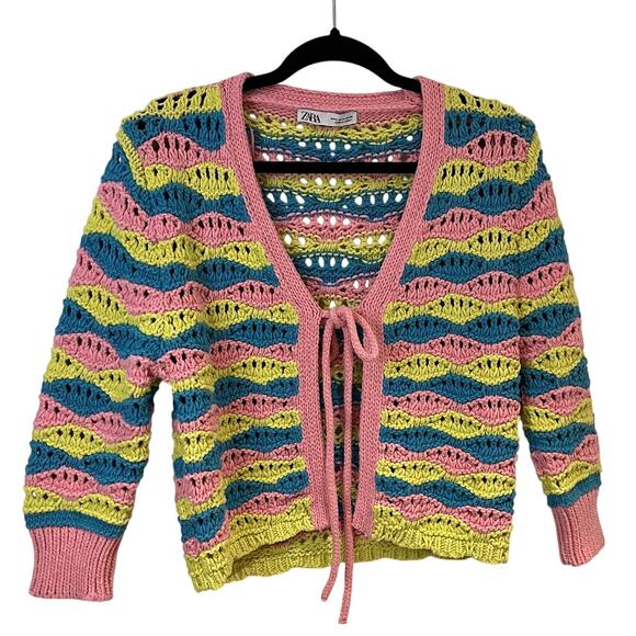 Zara Pastel Striped Openwork Knitted Cardigan Sweater Size Medium - Picture 1 of 6